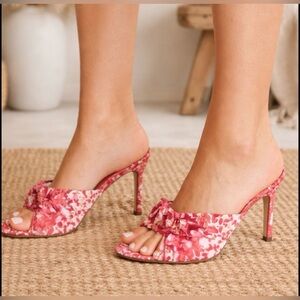 Schutz Lenie Mule Coral Floral Print Open Toe Stiletto High Heel Sandals